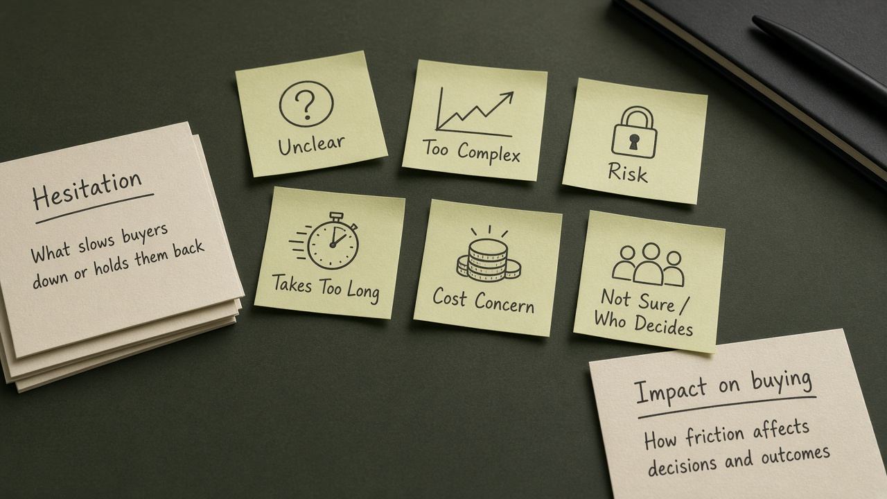 Sticky notes labeling hesitation moments in a B2B purchase journey