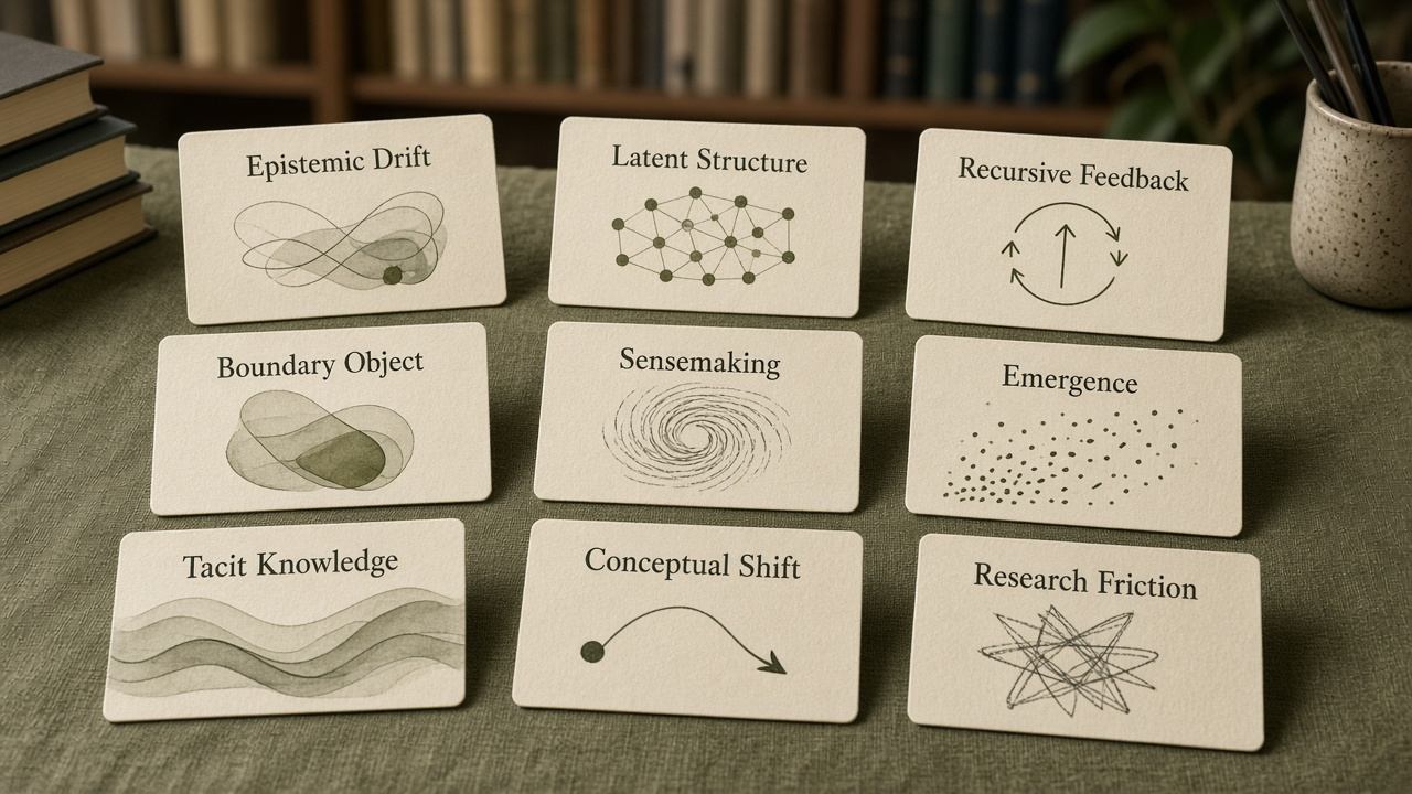 Index cards labeled with qualitative research terms