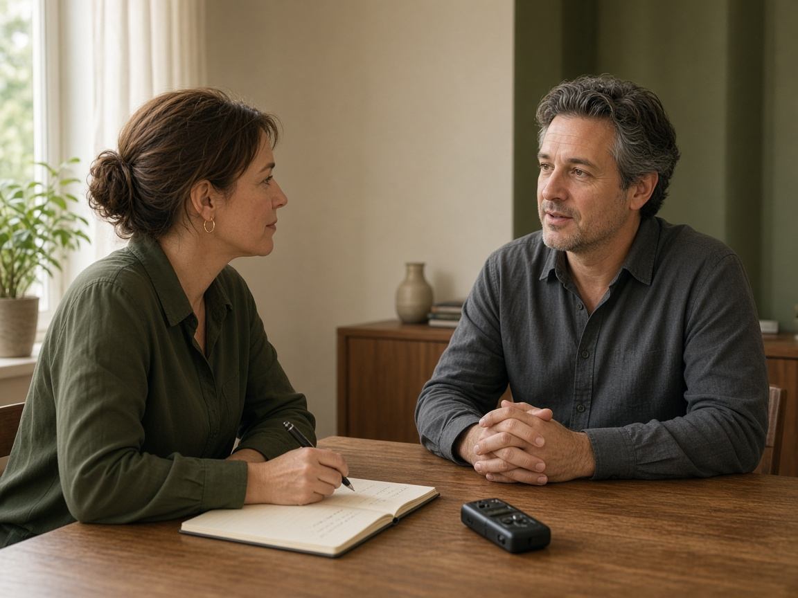 Interviewer and B2B buyer in a structured qualitative conversation