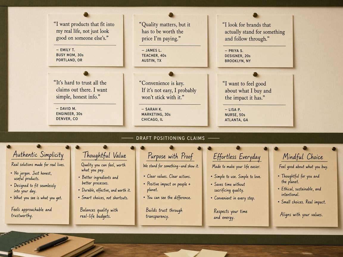 Positioning workshop wall with buyer quotes and claim drafts