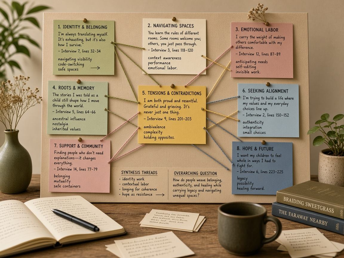 Synthesis board with color-coded transcript excerpts
